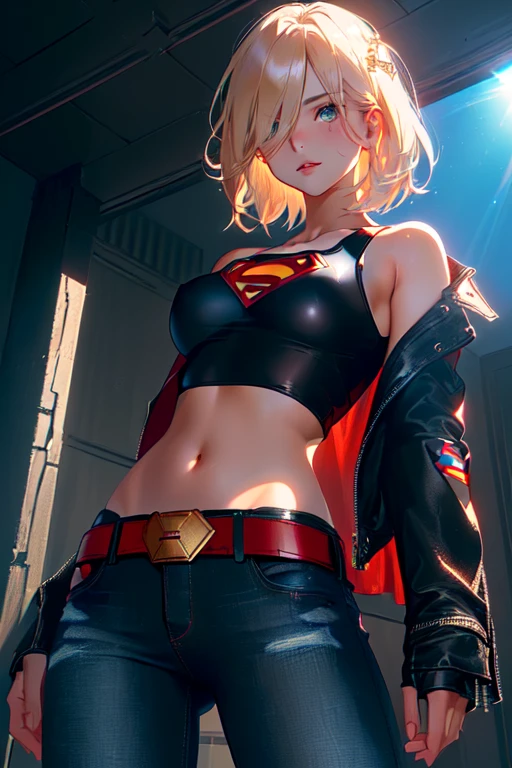 Supergirl, ((tanned young woman, (blonde, blue colored eyes, short hair covering one eye, tanned skin with panty lines, perfectbody, perky breasts, hardnipples), red lipgloss stick, (black leather jacket, with small Superman symbol on the shoulder, tight blue tank top with small Superman symbol on the left side of the chest, exposed abdomen, black leather belt, low waist jeans, Vemeho sneakers), Masterpiece artwork, high qualiy, back-illuminated)) natural lighting, high qualiy, Masterpiece artwork, blonde hair, hair over one eye, sparkling eyes, sparkling eyes, seductive smile, Hyperrealism, image fill, from below, lens flare, 8K, accurate, uhd, anatomically correct, textured skin, super detail, 8K