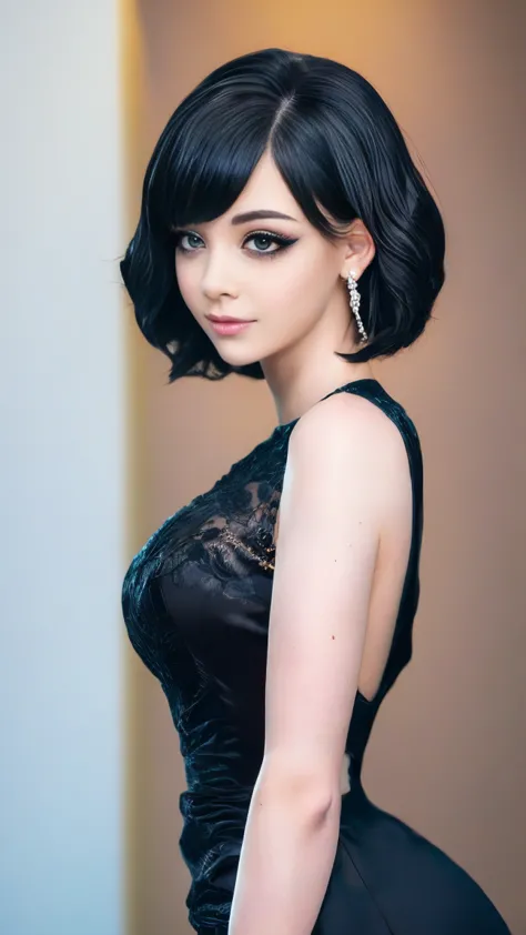 (masterpiece, best quality:1.2),bellissima, realistic, xcharleston style, 1girl, short hair, black hair, 1boy, dress, jewelry, e...