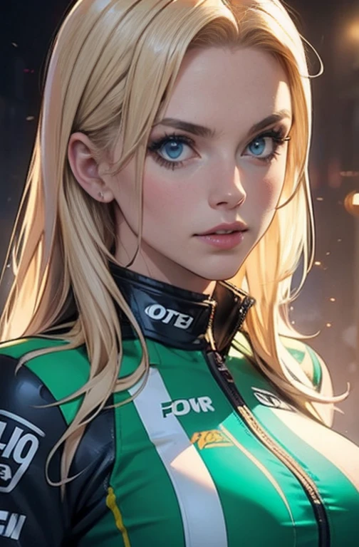 a detailed masterpiece portrait of a beautiful blonde woman with green eyes wearing a racing suit, extremely detailed face and figure, long hair, photorealistic, professional lighting, vibrant colors, cinematic composition, big breast, sensual Perfect body 