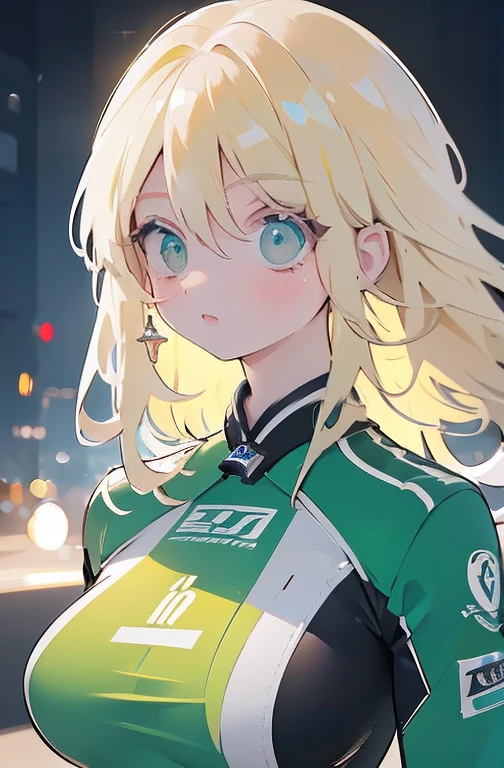 a detailed masterpiece portrait of a beautiful blonde woman with green eyes wearing a racing suit, extremely detailed face and figure, long hair, photorealistic, professional lighting, vibrant colors, cinematic composition, big breast, sensual Perfect body 