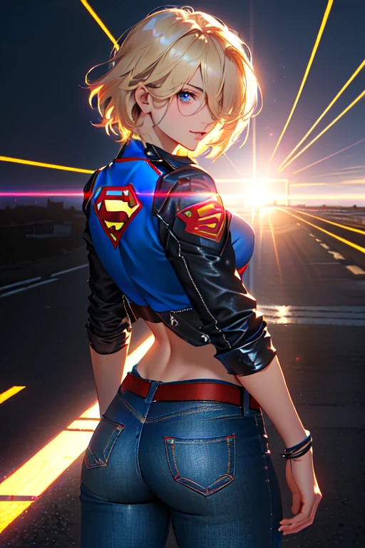 Supergirl, (tanned young woman, (blonde, blue colored eyes, short hair covering one eye, tanned skin with panty lines, perfectbody, perky breasts, hardnipples), red lipgloss stick, (black leather jacket, with small Superman symbol on the arm, yellow Seperman symbol embroidered on the back, tight blue tank top with small Superman symbol on the left side of the chest, exposed abdomen, black leather belt, low waist jeans, Vemeho sneakers), Masterpiece artwork, high qualiy, back-illuminated)) natural lighting, high qualiy, Masterpiece artwork , hair blonde, hair over one eye, glare eyes, glare eyes, seducing smile, Hyper-Realism, image fill, Lens flare, from behind olhando para a camera, precise, anatomically correcte, texturized skin, super detaill, hair blonde, hair over one eye, glare eyes , glare eyes, seducing smile, Hyper-Realism, image fill, under, Lens flare, from behind, from behind, 8K, uhd, 8K, precise, uhd, anatomically correcte, texturized skin, super detaill, 8