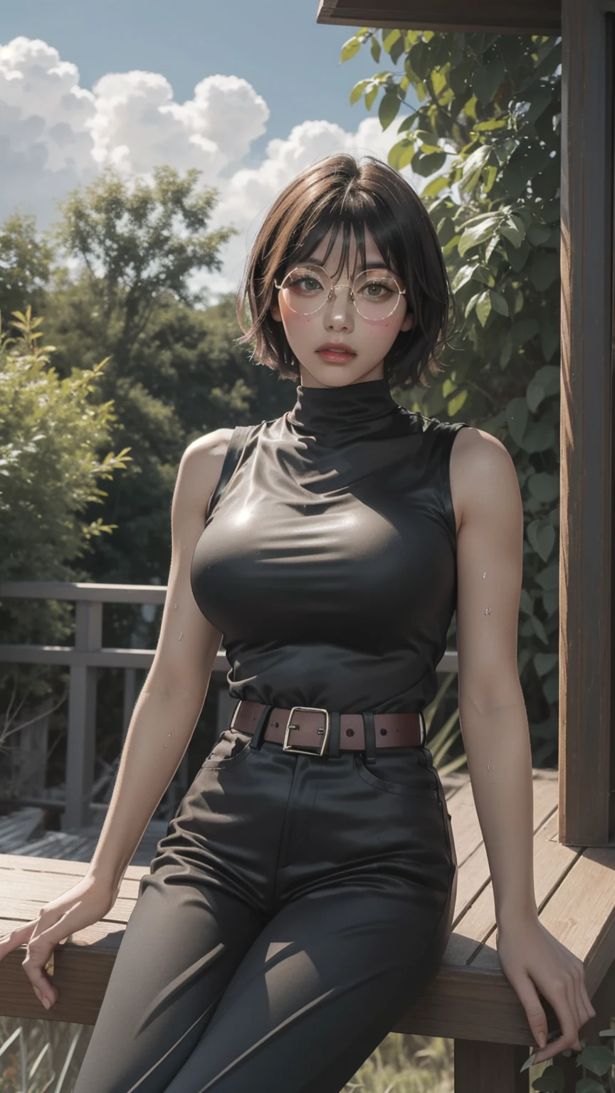 MakiSHS1, One,  short hair, 1 girl,  Looking at the viewer, glasses, green hair, without sleeves, belt, trousers, bang, cowboy shot,  shirt, muscular, круглые glasses, breast, bare shoulders, closed mouth, muscular female, turtleneck, yellow eyes, black trousers, black shirt, parted lips, black clothes, without sleeves shirt, large breast, high-waist trousers, on open air, sky, blue sky, clouds, trees, building,   Sitting, Sitting in, girl Sitting, BREAK masterpiece, Best quality, very detailed background, perfect lightingBest quality, ((shiny skin, Glossy leather, Detailed skin))