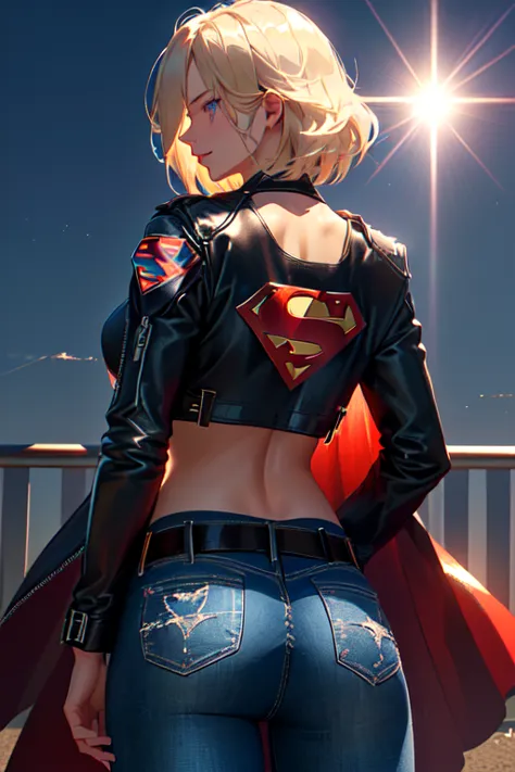 supergirl, ((tanned young woman, (blonde, blue colored eyes, short hair covering one eye, tanned skin with panty lines, perfectb...