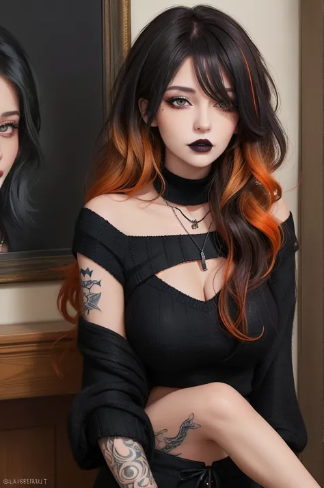 masterpiece, adult, gothic themed room, woman with black to orange ombre hair, goth, black lipsticks, tattoos, bangs, curly hair...