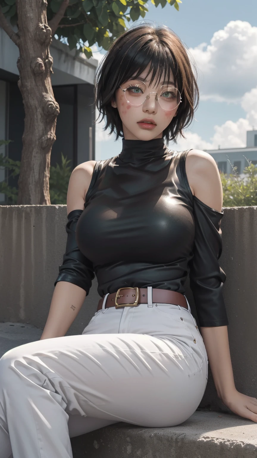 MakiSHS1, One,  short hair, 1 girl,  Looking at the viewer, glasses, green hair, without sleeves, belt, trousers, bang,  shirt, short shorts, sexy body, legs , muscular, круглые glasses, breast, bare shoulders, closed mouth, muscular female, turtleneck, yellow eyes, black шорты, parted lips, without sleeves shirt, large breast, on open air, sky, blue sky, clouds, trees, building,   Sitting, Sitting in, girl Sitting, BREAK masterpiece, Best quality, very detailed background, perfect lightingBest quality, ((shiny skin, Glossy leather, Detailed skin))