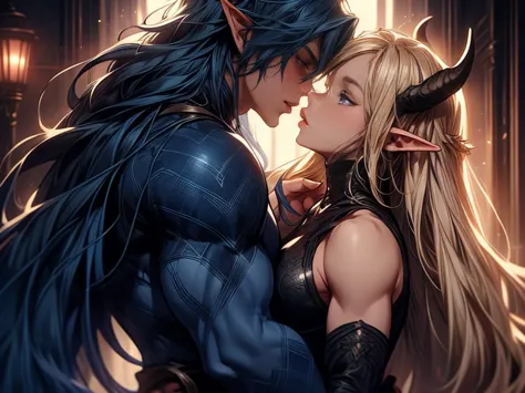 (female blonde elf and male dark blue haired elf) (male elf with big muscles and long dark blue hair) a tall long haired male el...