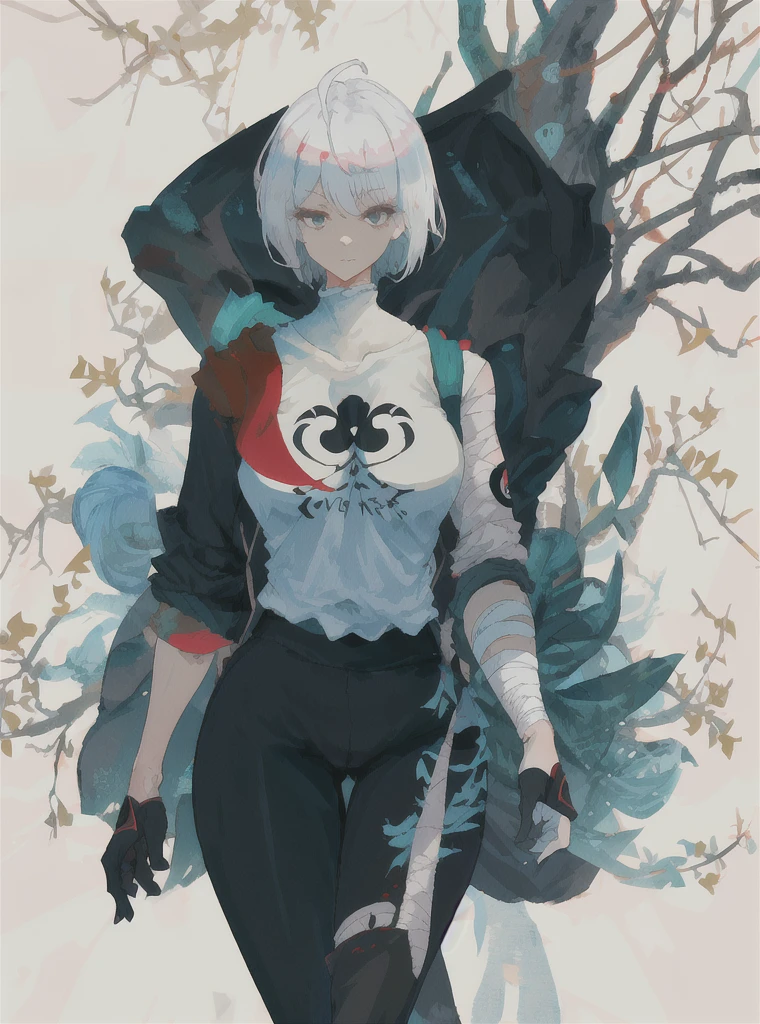 master masterpiece，high quallity，1girl，A female investigator wears yoga pants，huge breasts, sexy body, milf, curvy, anime girl with white hair and black gloves walking through a forest, artwork in the style of guweiz, anime lush john 8k woods, anime cover,detailed anime character art, anime style 4 k, The character depiction is very detailed，The female investigator in the picture has multiple scars，He was wrapped in bandages，It gives a terrifying feeling that the female investigator wears a jacket，The whole image is very nuanced, cutesexyrobutts。