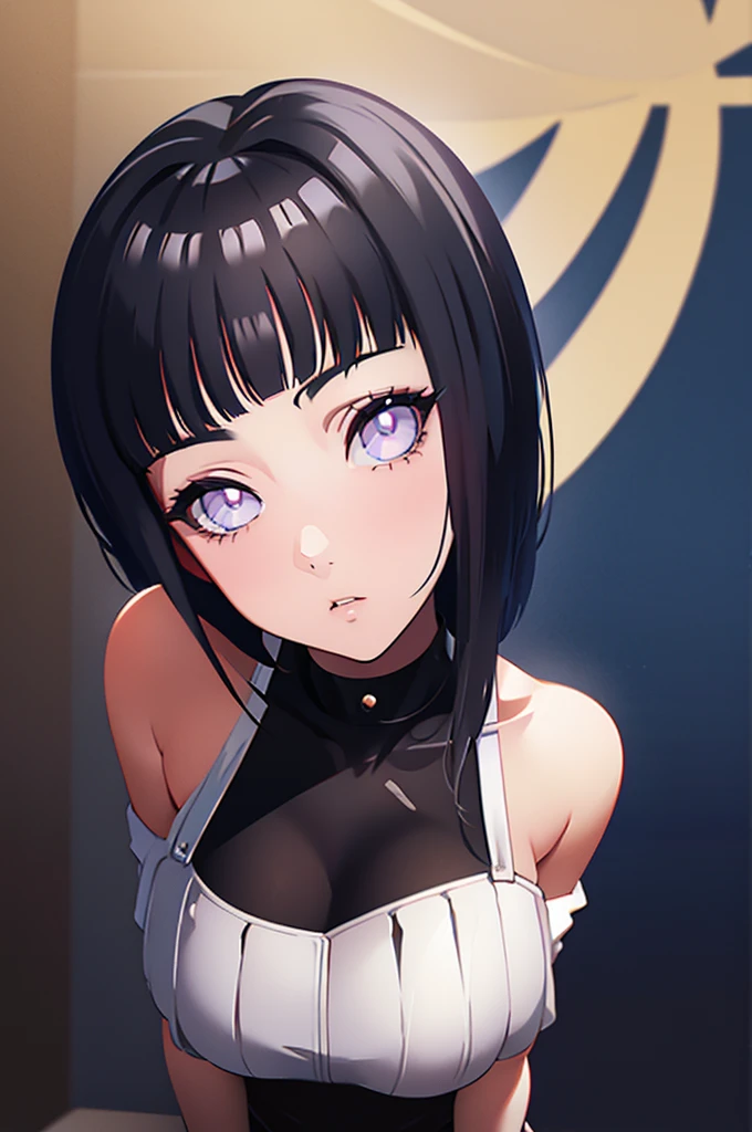 (beste Qualität,4k,highres,Meisterwerk:1.2),ultra-detailliert,fotorealistisch: 1.37, Porträts,Anime-Serie,Hinata Hyuga,Naruto,(schlanke Figur:1.1, vollständige Höhe:1.1),(geradliniges Gesicht:1.1, ovales Gesicht:1.1,längliches Gesicht:1.1),Wunderschön detaillierte Augen,große Brüste,lange Modelbeine,Minirock,kurzes schwarzes Top