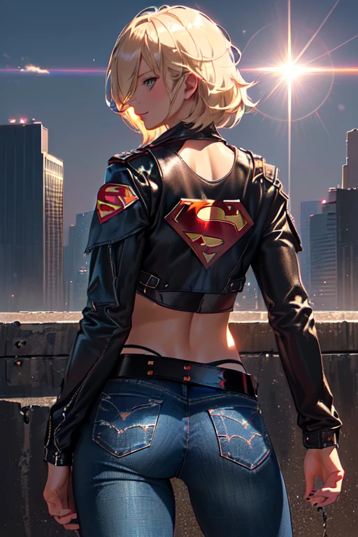 Supergirl, ((tanned young woman, (blonde, blue colored eyes, short hair covering one eye, tanned skin with panty lines, perfectbody, perky breasts, hardnipples), red lipgloss stick, (black leather jacket, with small Superman symbol on the shoulder, tight blue tank top with small Superman symbol on the left side of the chest, exposed abdomen, black leather belt, low waist jeans, Vemeho sneakers)), Masterpiece artwork, high qualiy, back-illuminated, natural lighting, high qualiy, Masterpiece artwork, hair blonde, hair over one eye, elongated eyes, elongated eyes, seducing smile, Hyper-Realism, image fill, Lens flare, from behind, corpo inteiro precise, anatomically correcte, texturized skin, super detaill, hair blonde, hair over one eye, glare eyes, glare eyes, seducing smile, Hyper-Realism, image fill, from low, Lens flare, from behind, from behind, photo the cowboy, 8K, uhd, 8K, precise, uhd, anatomically correcte, texturized skin, super detaill,