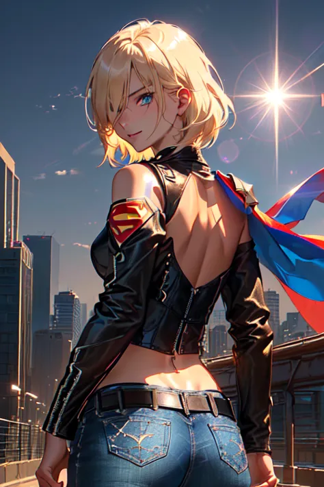 supergirl, ((tanned young woman, (blonde, blue colored eyes, short hair covering one eye, tanned skin with panty lines, perfectb...