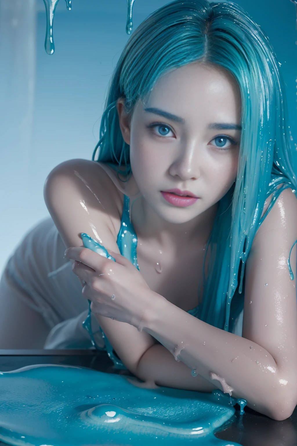 (High resolution,Tabletop:1.2),Super detailed,(Realistic:1.37),Portraiture,Slime Girl,Covered in blue slime, (Partially transparent), (Wet), (Blue Sweat), Blue liquid dripping from her body. Her hair is also Covered in blue slime. Blue slime scattered, Green Hair, blue eyes、naked、whole body