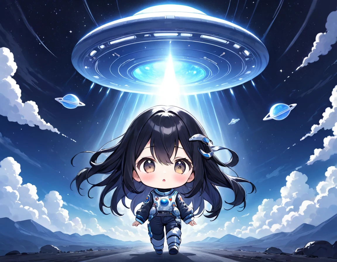 Black long hair、Twin-tailed Chibi Character、T-shirt and jeans、Dark Eyes、Scary face、A large unidentified flying object (UFO) is flying、Spaceman、A shining light from the UFO、blue sky、White cloud、Spacemanが現れた