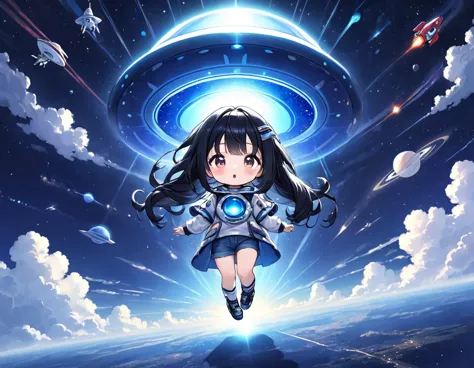 Black long hair、Twin-tailed Chibi Character、T-shirt and jeans、Dark Eyes、Scary face、A large unidentified flying object (UFO) is f...