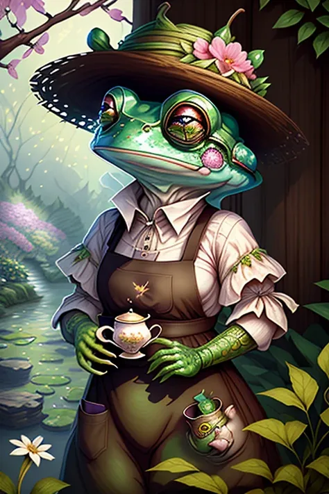 fantchar, an adorable frog creature wearing a brown apron and a flowery hat and drinking tea in a lush garden, humanoid, artisti...