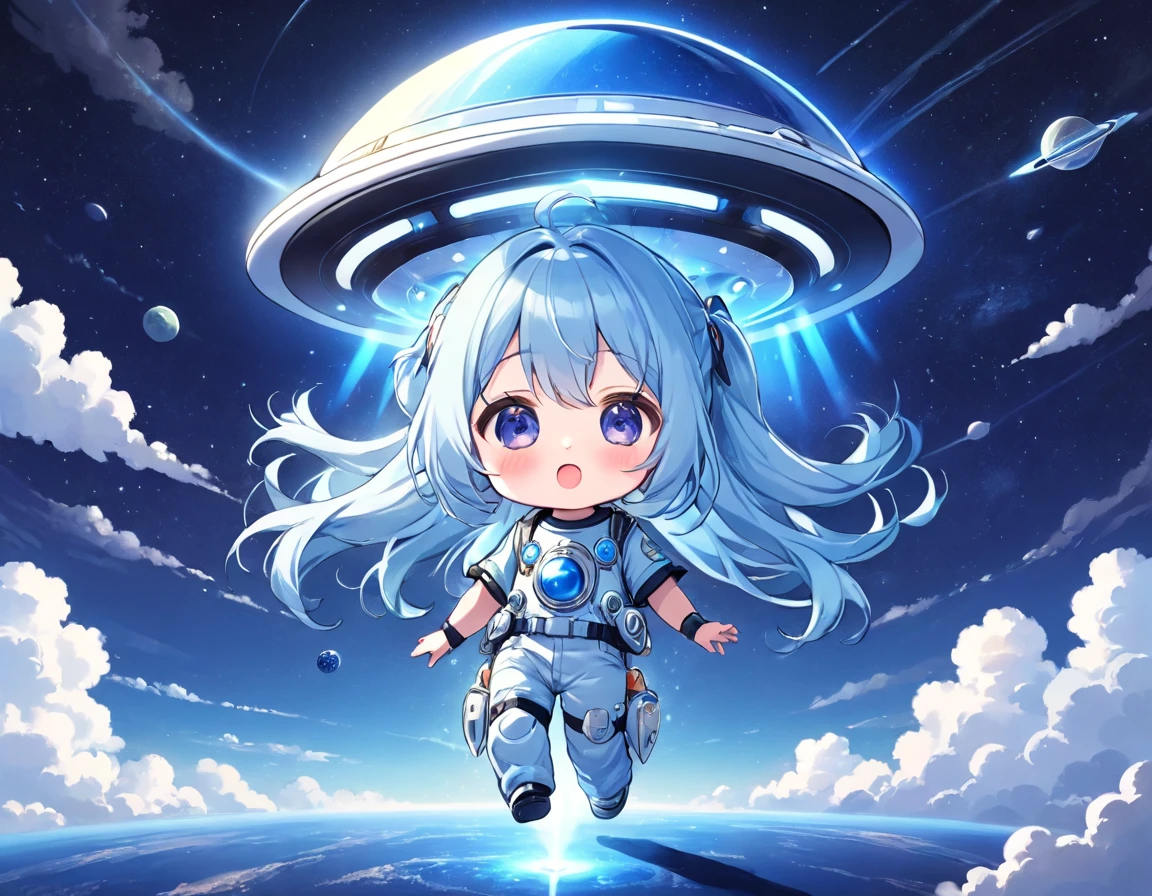 cabelo longo azul claro、Personagem Chibi de cauda dupla、Camiseta e jeans、olhos escuros、cara assustadora、Um grande objeto voador não identificado (OVNI) está voando、Astronauta、A shining light from the OVNI、céu azul、nuvem branca、Astronautaが現れた