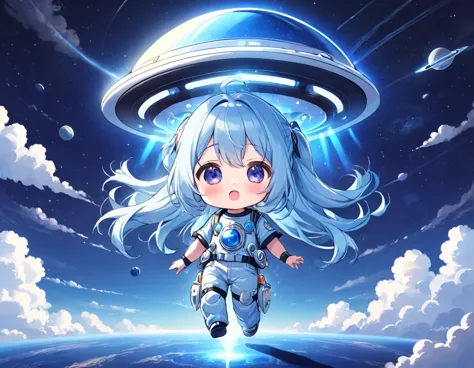 Light blue long hair、Twin-tailed Chibi Character、T-shirt and jeans、Dark Eyes、Scary face、A large unidentified flying object (UFO)...