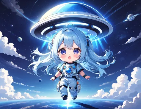 light blue long hair、twin-tailed chibi character、t-shirt and jeans、dark eyes、scary face、a large unidentified flying object (ufo)...