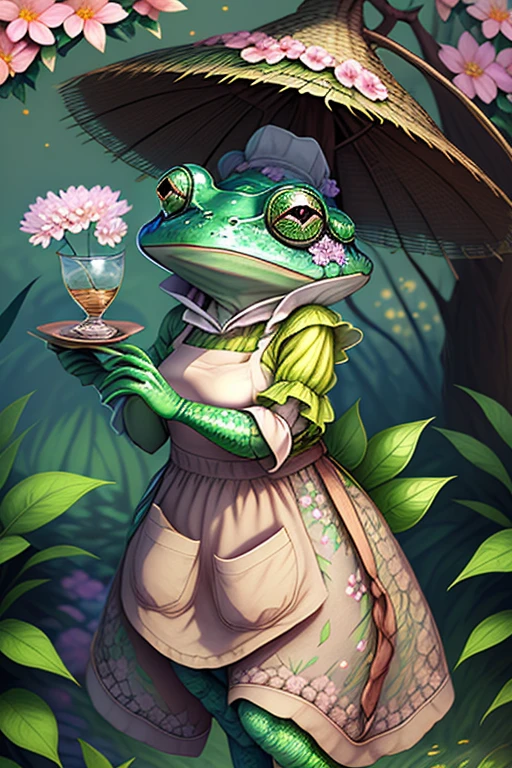 fantchar, an adorable frog creature wearing a brown apron and a flowery flower hat and drinking tea in a lush garden, humanoid, artistic, intricate, Very detailed