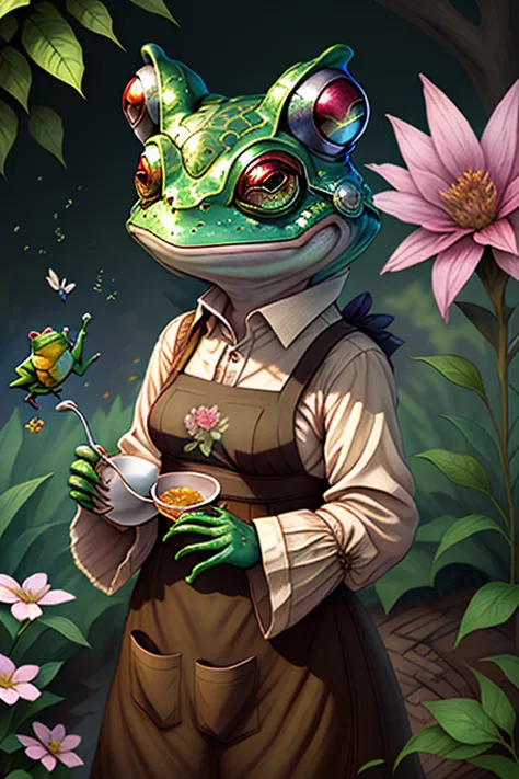 fantchar, an adorable frog creature wearing a brown apron and flowers in her hair and drinking tea in a lush garden, humanoid, a...