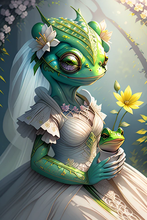 fantchar, an adorable yellow frog creature wearing a white dress and flowers in her hair and drinking coffee in a lush garden, humanoid, artistic, intricate, Very detailed