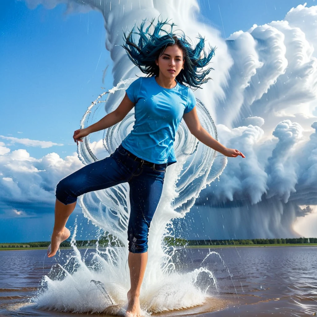 Una escena dinámica de una mujer joven con largas, cabello azul suelto recogido hacia atrás, vistiendo una camisa azul claro y pantalones remangados azul oscuro, realizando una patada alta contra un enorme tornado de agua. el tornado de agua, con estructura en espiral, está explotando y salpicando dramáticamente al impactar con su pie. El escenario es un área abierta con un cielo azul claro y algunas nubes al fondo.. La luz del sol se refleja en las gotas de agua., creando un efecto chispeante. La escena general transmite una sensación de fuerza., acción, y fluidez. foto hiperrealista, color vibrante, 16k