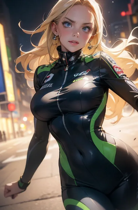 a detailed masterpiece portrait of a beautiful blonde woman with green eyes wearing a racing suit, extremely detailed face and f...