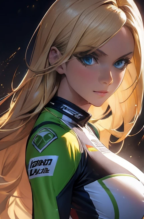 a detailed masterpiece portrait of a beautiful blonde woman with green eyes wearing a racing suit, extremely detailed face and figure, long hair, photorealistic, professional lighting, vibrant colors, cinematic composition, big breast, sensual Perfect body 