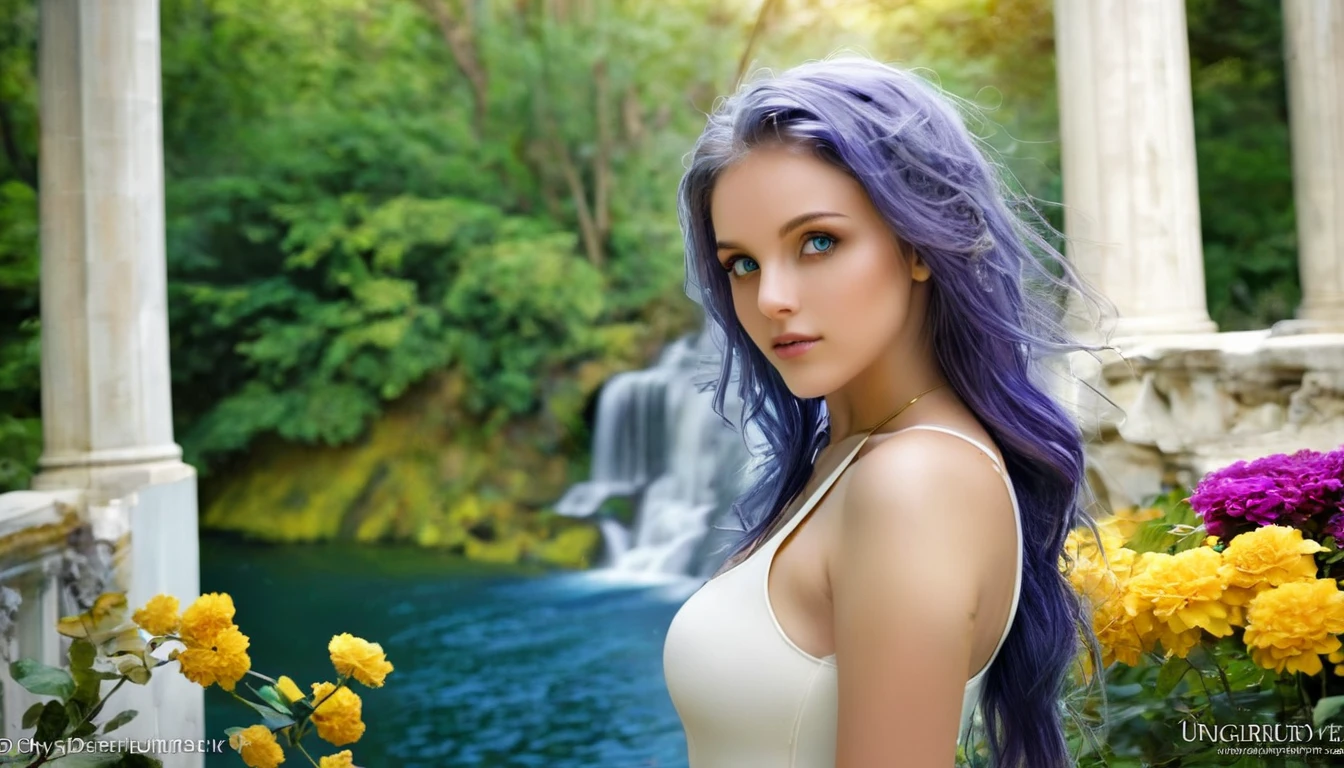 hdr digital image, 8k, most beautiful image in the world, high walls, ivory walls with gold, a large and deep river, surrounded by tall trees, colorful flowers, ivory columns with gold, a golden tower in the background, a beautiful young woman Ukrainian, blue eyes, 30 years old, cute, long purple hair, near the river