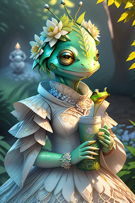 fantchar, an adorable yellow frog creature wearing a white dress and flowers in her hair and holding a cup of coffee in a lush g...