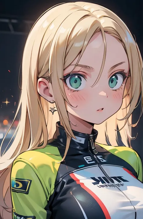 a detailed masterpiece portrait of a beautiful blonde woman with green eyes wearing a racing suit, extremely detailed face and f...