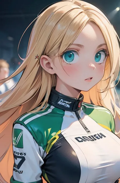 a detailed masterpiece portrait of a beautiful blonde woman with green eyes wearing a racing suit, extremely detailed face and f...