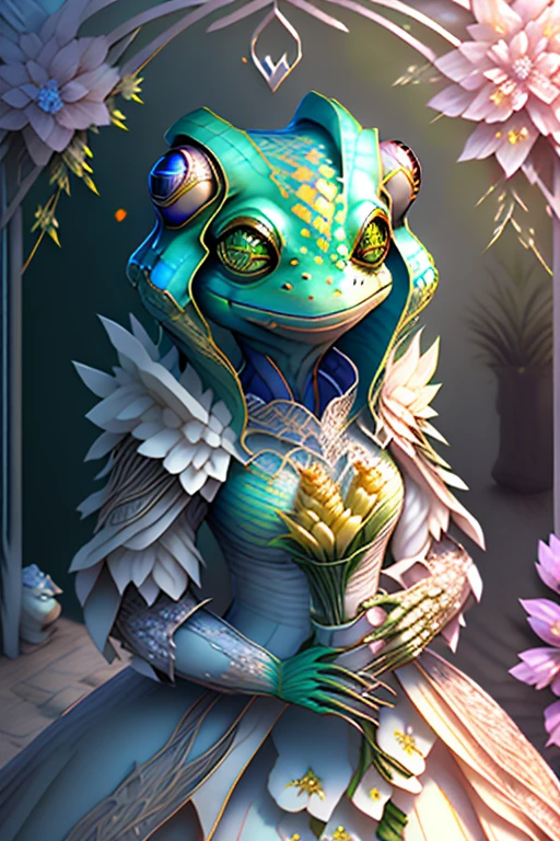 fantchar, an adorable yellow frog creature wearing a white dress and flowers in her hair and holding a cup of coffee in a lush garden, humanoid, artistic, intricate, Very detailed, CG, 3D, printed flower dress 