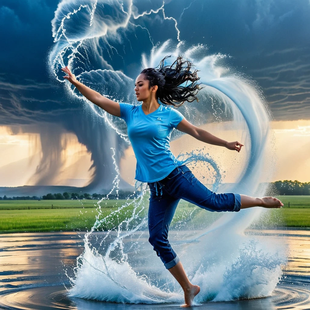 A dynamic scene of a young woman with long, flowing blue hair tied back, wearing a light blue shirt and dark blue rolled-up pants, performing a high kick against a massive water tornado. The water tornado, with a spiraling structure, is bursting and splashing dramatically upon impact with her foot. The setting is an open area with a clear blue sky and some clouds in the background. The sunlight reflects off the water droplets, creating a sparkling effect. The overall scene conveys a sense of strength, action, and fluidity. hyper realistic photo, vibrant color, 16k