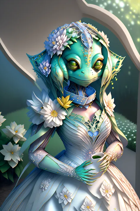 fantchar, an adorable yellow frog creature wearing a white dress and flowers in her hair and holding a cup of coffee in a lush g...