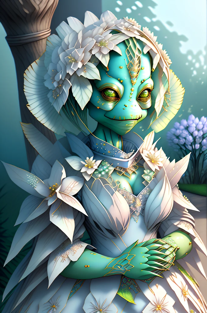 fantchar, an adorable yellow frog creature wearing a white dress and flowers in her hair and holding a cup of coffee in a lush garden, humanoid, artistic, intricate, Very detailed, CG, 3D, printed flower dress 