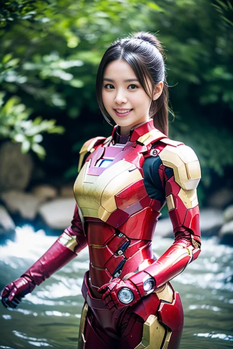 (a gorgeous lady, wearing cosplay of iron man mk 7 suit, power pose near waterfall, dimpled smile, short ponytail, cute snaggleo...