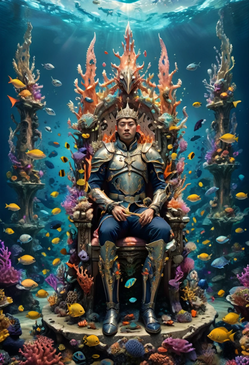 (Throne of Power), Science fiction style, with a programmer wearing VR glasses sitting on a throne made up of circuit boards and fiber optic cables. He lightly taps the keyboard with his fingers, controlling the operation of the entire online world. The background is a virtual space composed of data streams and algorithms, (Photography), award-winning, cinematic still, emotional, vignette, dynamic, vivid, (masterpiece, best quality, Professional, perfect composition, very aesthetic, absurdres, ultra-detailed, intricate details:1.3)