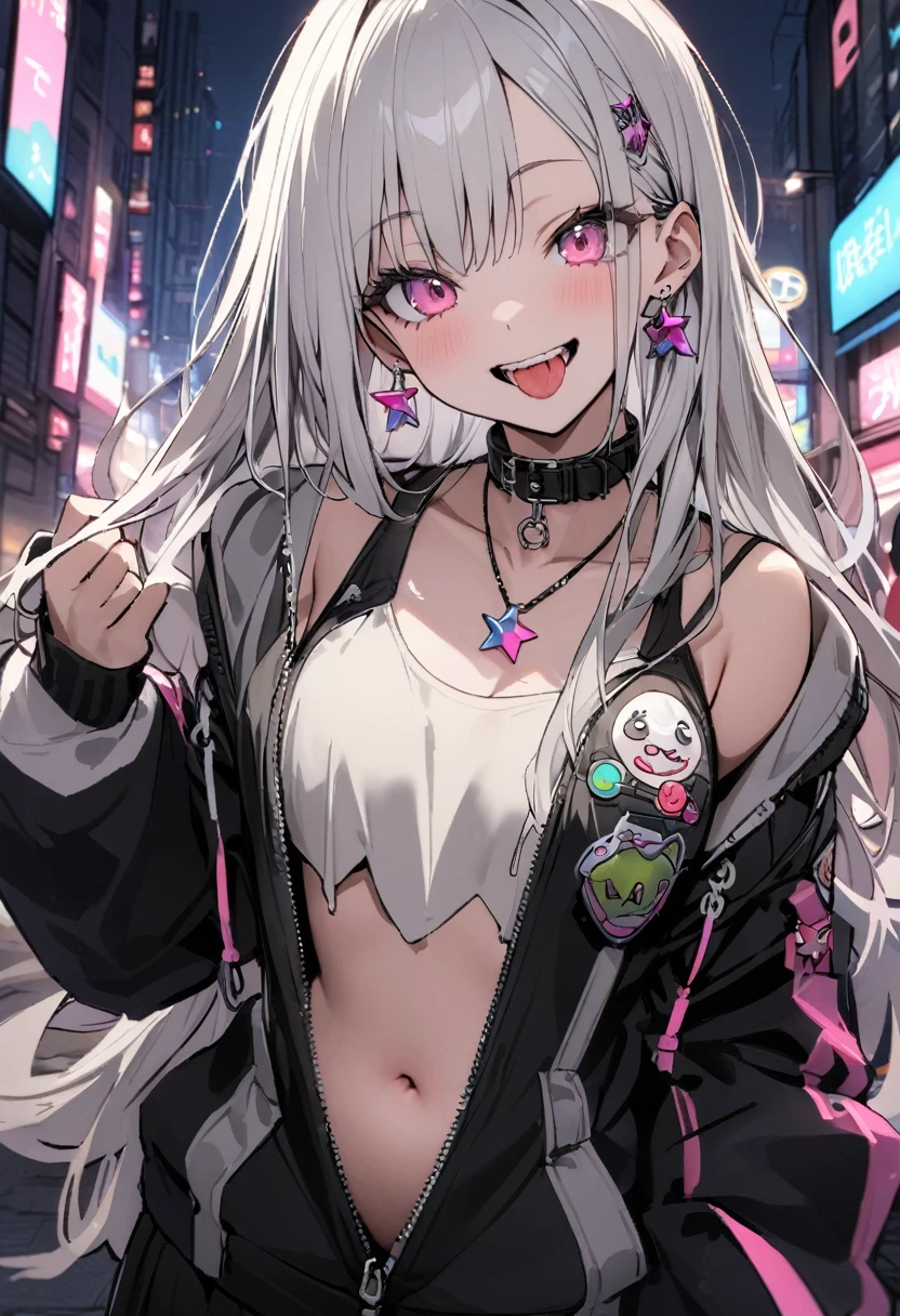 (masterpiece:1.2)、Highest quality、PIXIV、Rebellious girl、One girl、Open your mouth、鋭いteeth、teeth、Long Hair、Street background、gem、badge、ボタンbadge、Food、Pink Eyes、Earrings、Jacket、eyelash、Foodを下にして、star (symbol)、Upper Body、Characters in clothes、zipper、collar、cable、chain、tongue、Stickers、hoodie、smile、spike、Focus on the viewer、長いtongue、Chest in the center、Shoulder Bare、Belly button、Black and white hair color,Cyberpunk city,Night view,Black and white grey outfit