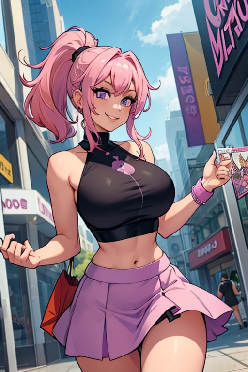 A pink haired with a violet eyes with an hourglass figure in a crop top and short skirt is shopping in the mall with a big smile and her hair in a ponytail