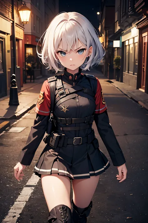 Ultra-detailed,  anime girl, 1girl,  short white hair,  angry face,russian  , militar ,boina militar ,soldier  uniform, tatico s...