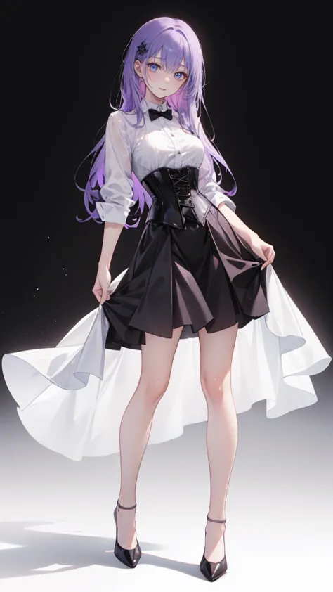 Purple Hair,long hair,Adult female,(suit),White Y-shirt,((Rolling up his sleeves)),(corset),(Black tight skirt),(High heels),Hee...