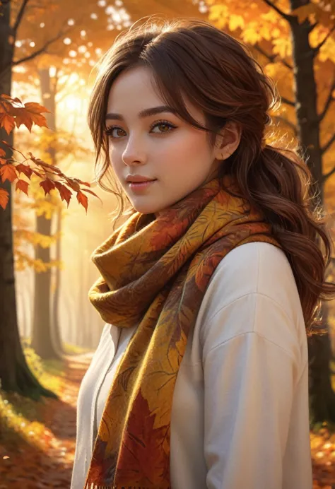 1 girl, vibrant autumn leaves swirling, brown hair, golden eyes that reflect the tones of the sunset, cozy wool scarf, warm eart...