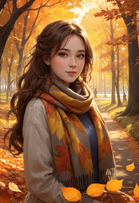 1 girl, vibrant autumn leaves swirling, brown hair, golden eyes that reflect the tones of the sunset, cozy wool scarf, warm eart...