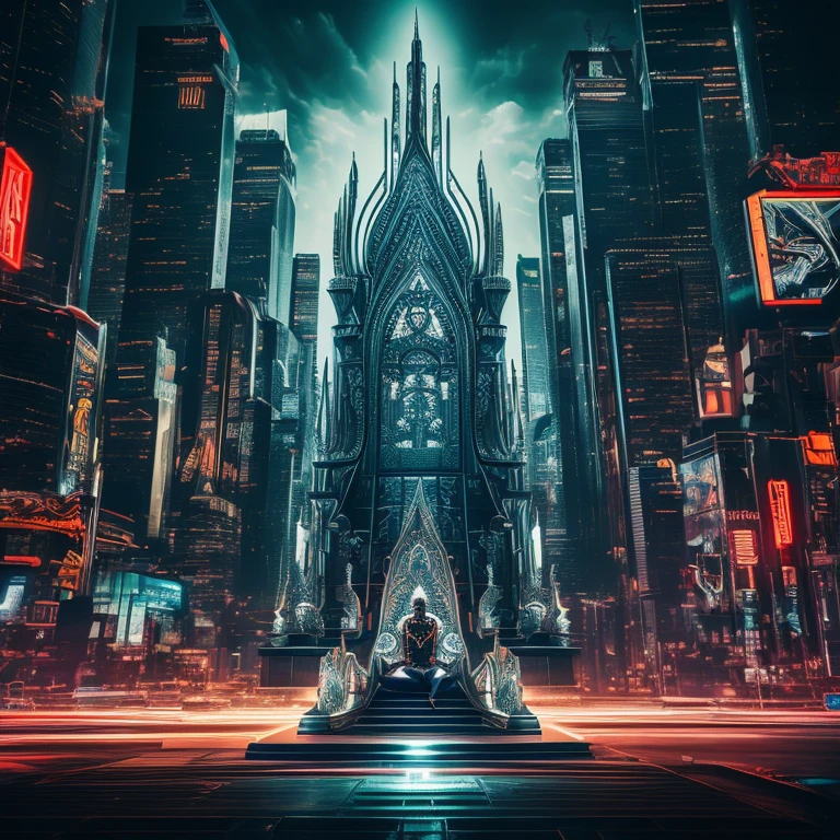 (Throne of Power), futuristic style, a leader wearing high-tech armor and a transparent mask sits on a throne made up of steel and neon lights, overlooking busy streets and flashing billboards. He controls smart devices in his hands, with a background of a future city, (Photography), award-winning, cinematic still, emotional, vignette, dynamic, vivid, (masterpiece, best quality, Professional, perfect composition, very aesthetic, absurdres, ultra-detailed, intricate details:1.3)