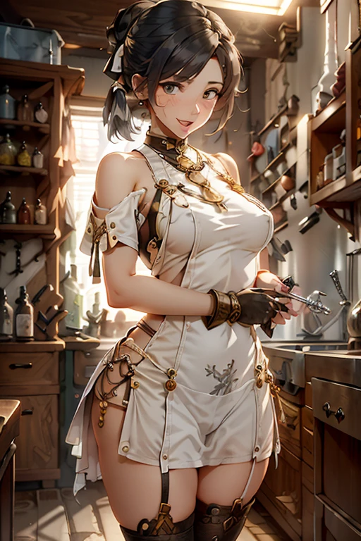 (fantasy:1.5),(anime,8k,masterpiece, top quality, best quality,beautiful and aesthetic:1.2,professional illustrasion:1.1,ultra detail:1.3,perfect lighting),extremely detailed,highest detailed,incredibly absurdres , highres, ultra detailed,intricate:1.6,(Alchemy Workshop:1.4),A girl mixing,Medicine in many small bottles,holding small potion,colorful:1.4,zentangle,(1girl),(girl),(((Whole body image)))(Three kingdoms female warload),(highly detailed beautiful face and eyes,firm breasts),oily skin,((black,hair,short bob with short pony tail hair)),thin pubic hair,cute,lovely,3,alchemist costume,Merchant's Clothing,smile,in the kitchen,smile,seductive weak smiling,(with sparkling eyes and a contagious smile),open mouth, Looking at Viewer,
