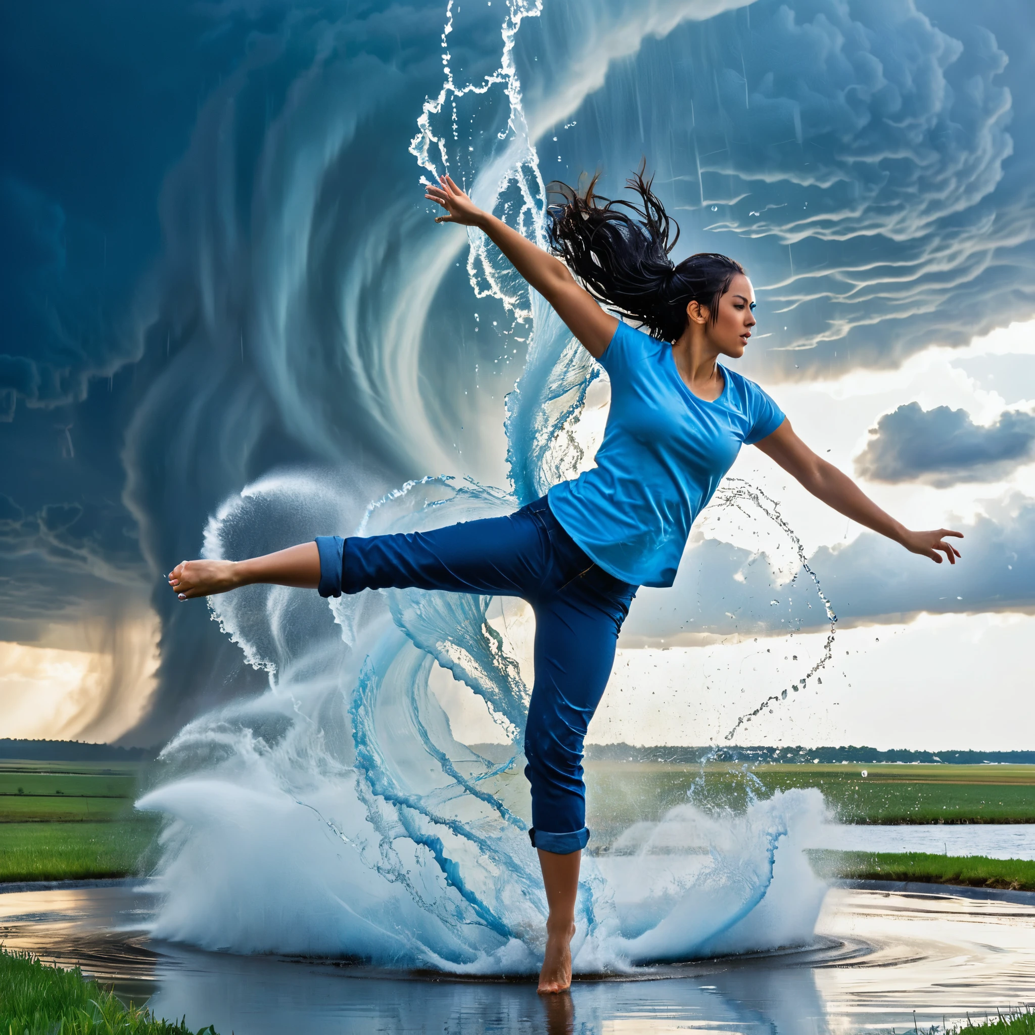 A dynamic scene of a young woman with long, flowing blue hair tied back, wearing a light blue shirt and dark blue rolled-up pants, performing a high kick against a massive water tornado. The water tornado, with a spiraling structure, is bursting and splashing dramatically upon impact with her foot. The setting is an open area with a clear blue sky and some clouds in the background. The sunlight reflects off the water droplets, creating a sparkling effect. The overall scene conveys a sense of strength, action, and fluidity. hyper realistic photo, vibrant color, 16k