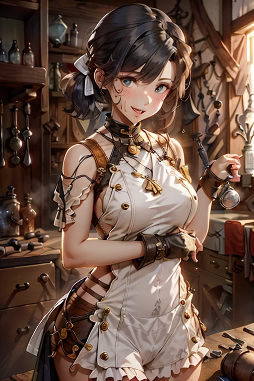 (fantasy:1.5),(anime,8k,masterpiece, top quality, best quality,beautiful and aesthetic:1.2,professional illustrasion:1.1,ultra detail:1.3,perfect lighting),extremely detailed,highest detailed,incredibly absurdres , highres, ultra detailed,intricate:1.6,(Alchemy Workshop:1.4),A girl mixing,Medicine in many small bottles,holding small potion,colorful:1.4,zentangle,(1girl),(girl),(((Whole body image)))(Three kingdoms female warload),(highly detailed beautiful face and eyes,firm breasts),oily skin,((black,hair,short bob with short pony tail hair)),thin pubic hair,cute,lovely,3,alchemist costume,Merchant's Clothing,smile,in the kitchen,smile,seductive weak smiling,(with sparkling eyes and a contagious smile),open mouth, Looking at Viewer,
