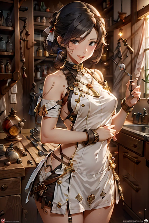 (fantasy:1.5),(anime,8k,masterpiece, top quality, best quality,beautiful and aesthetic:1.2,professional illustrasion:1.1,ultra detail:1.3,perfect lighting),extremely detailed,highest detailed,incredibly absurdres , highres, ultra detailed,intricate:1.6,(Alchemy Workshop:1.4),A girl mixing,Medicine in many small bottles,holding small potion,colorful:1.4,zentangle,(1girl),(girl),(((Whole body image)))(Three kingdoms female warload),(highly detailed beautiful face and eyes,firm breasts),oily skin,((black,hair,short bob with short pony tail hair)),thin pubic hair,cute,lovely,34 years old,alchemist costume,Merchant's Clothing,smile,in the kitchen,smile,seductive weak smiling,(with sparkling eyes and a contagious smile),open mouth, Looking at Viewer,
