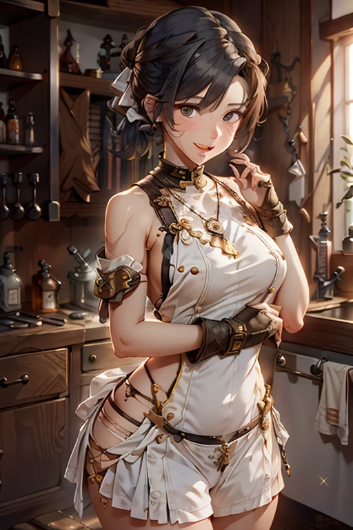 (fantasy:1.5),(anime,8k,masterpiece, top quality, best quality,beautiful and aesthetic:1.2,professional illustrasion:1.1,ultra detail:1.3,perfect lighting),extremely detailed,highest detailed,incredibly absurdres , highres, ultra detailed,intricate:1.6,(Alchemy Workshop:1.4),A girl mixing,Medicine in many small bottles,holding small potion,colorful:1.4,zentangle,(1girl),(girl),(((Whole body image)))(Three kingdoms female warload),(highly detailed beautiful face and eyes,firm breasts),oily skin,((black,hair,short bob with short pony tail hair)),thin pubic hair,cute,lovely,3,alchemist costume,Merchant's Clothing,smile,in the kitchen,smile,seductive weak smiling,(with sparkling eyes and a contagious smile),open mouth, Looking at Viewer,
