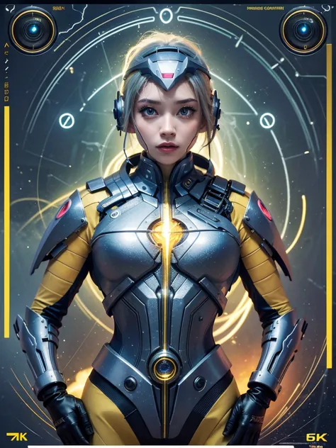 a beautiful young girl with yellow hair, a tight lightning-themed suit, and small breasts, wielding alien thunder weapons in a t...